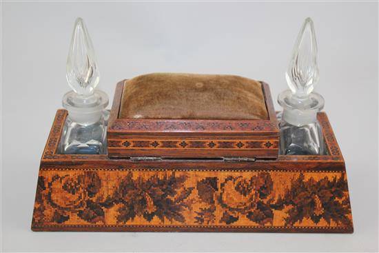 A Tunbridge ware rosewood and floral mosaic sewing / scent bottle stand, 9in.